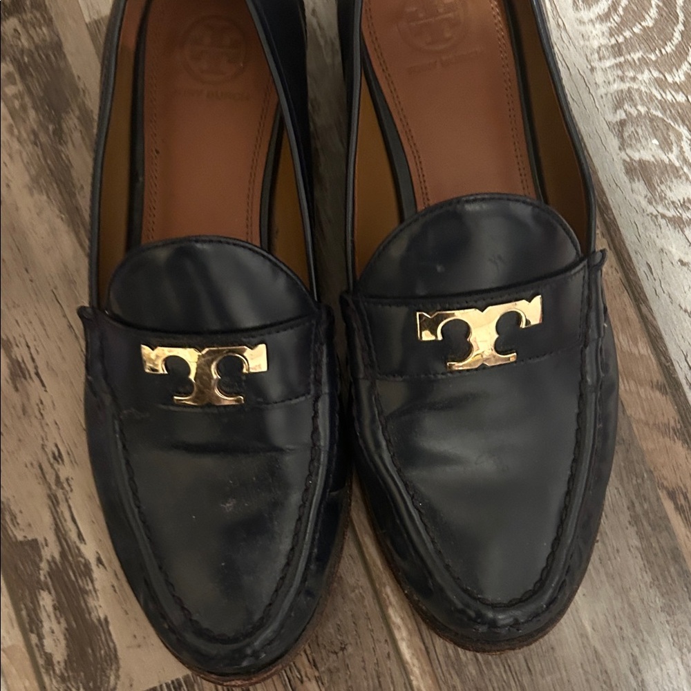 Tory Burch Navy Loafers with Gold Emblem